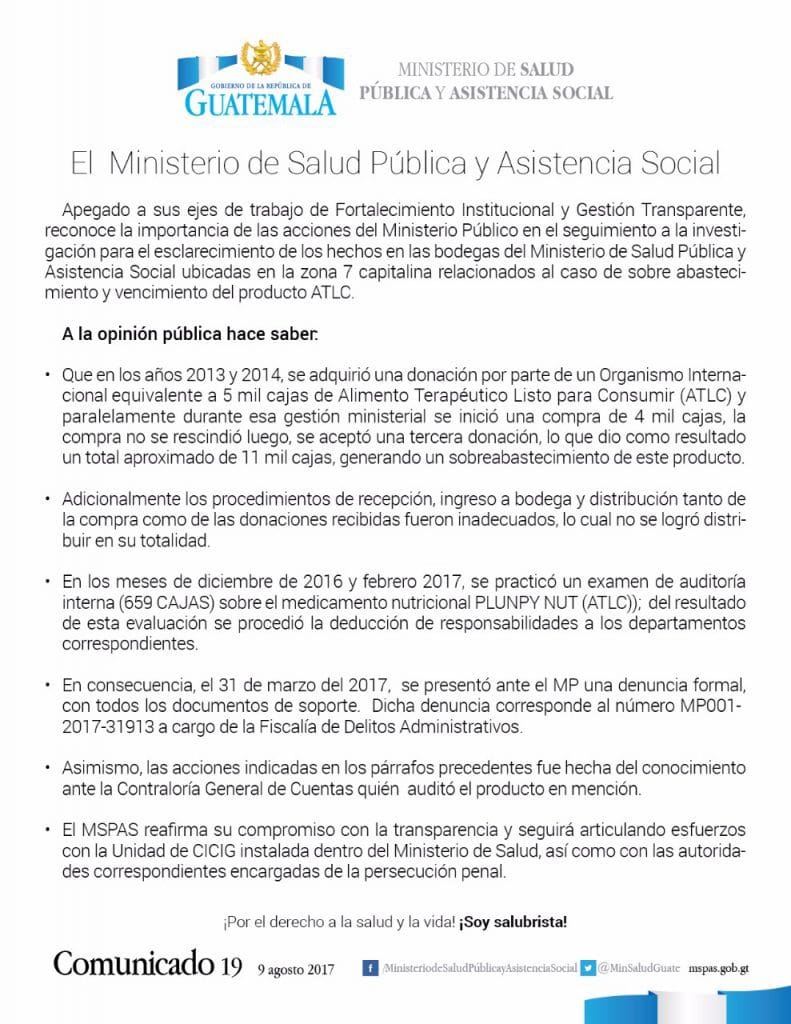Allanan bodega para verificar vencimiento de alimento para desnutrición 1 170809 MSPAS COMUNICADO ATLC