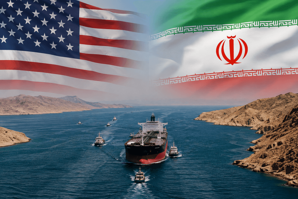 imagen de referencia sobre el conflicto en el estrecho de ormuz, arriba las banderas de Estados Unidos e Iran, abajo 2 tanquies petroleros atravezando el estrecho.