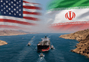 imagen de referencia sobre el conflicto en el estrecho de ormuz, arriba las banderas de Estados Unidos e Iran, abajo 2 tanquies petroleros atravezando el estrecho.