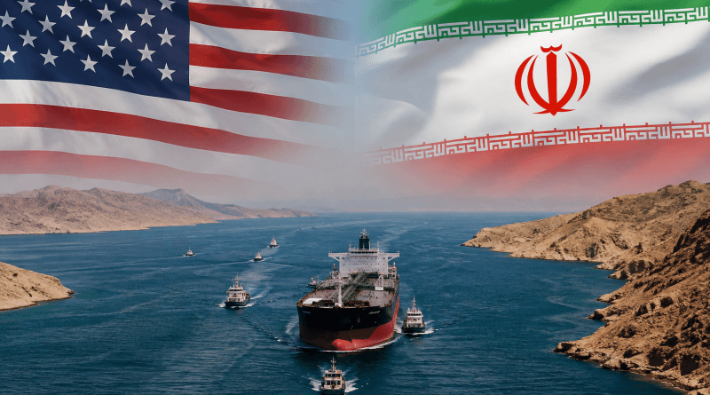 imagen de referencia sobre el conflicto en el estrecho de ormuz, arriba las banderas de Estados Unidos e Iran, abajo 2 tanquies petroleros atravezando el estrecho.